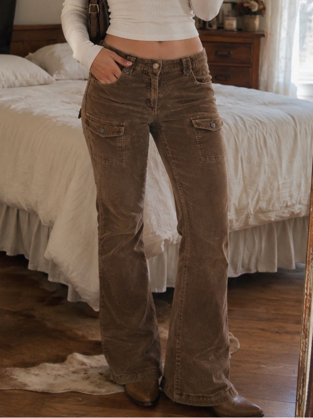 Cherokee Brown Corduroy Bootcut Cargo Pants Women’s Size 12 Y2K Country Western